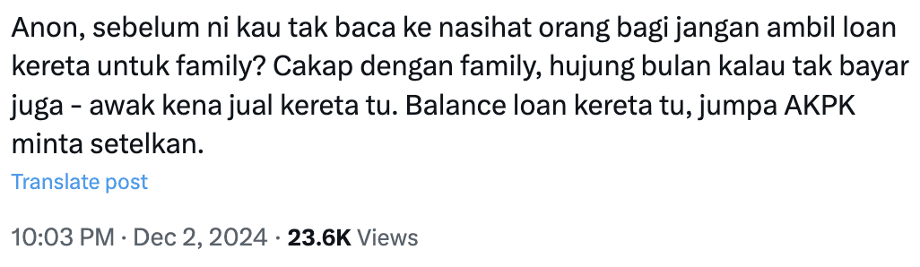 Comment 01_M'sian Earning RM1,700 Buys Honda HRV For Parents, Now Unable To Repay Loan For Past 2 Months