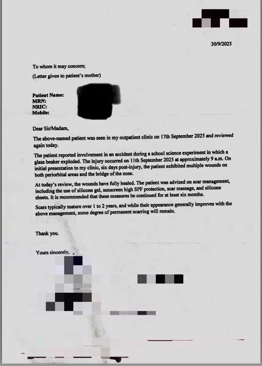 Doctor's letter on injuries caused by experiment