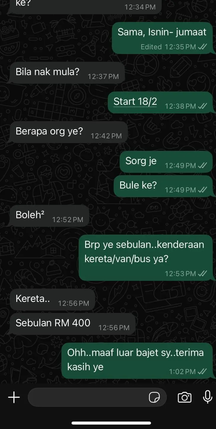 Driver charges RM400 per month for school transport