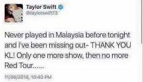 Taylor Swift's tweet about RED Tour in KL