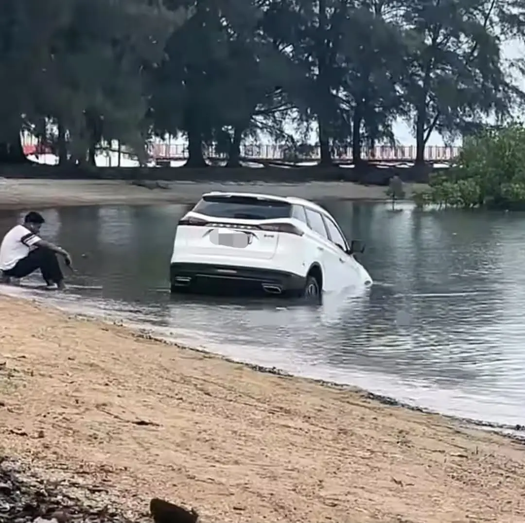Foreign student looks at submerged Proton X70 in Port Dickson