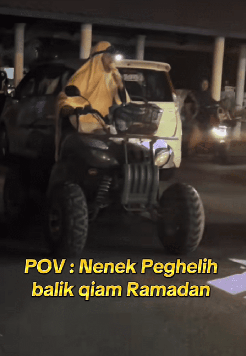 grandma eating ice cream while driving an atv back to home