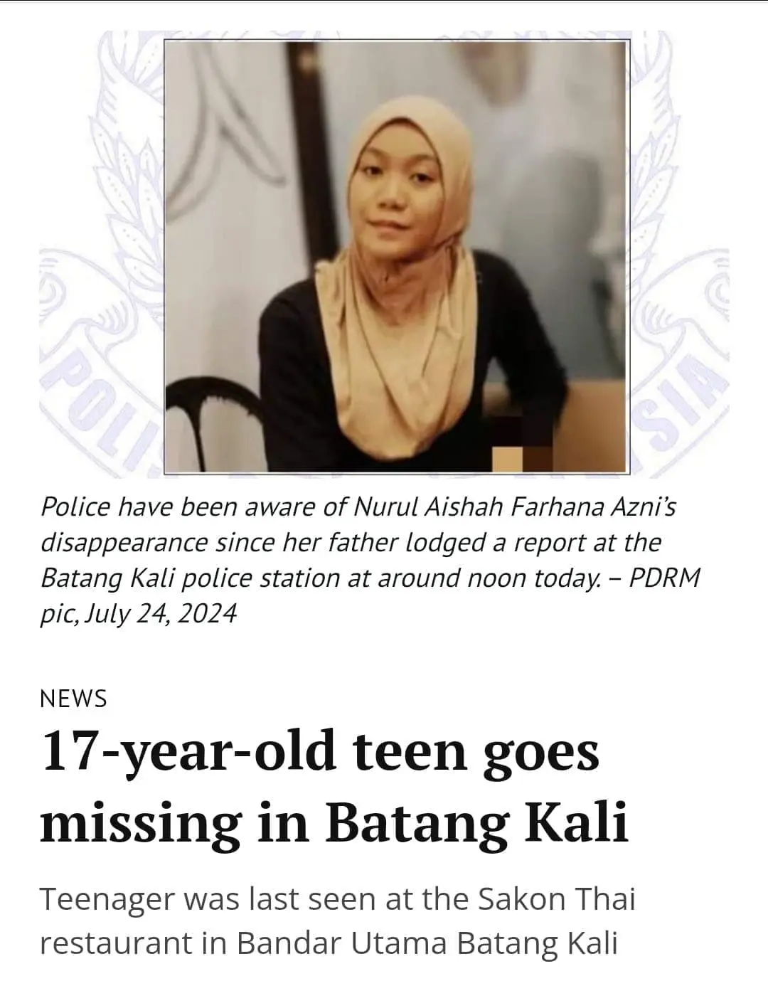Nurul Aishah Farhana Azni - missing teen - July 2024