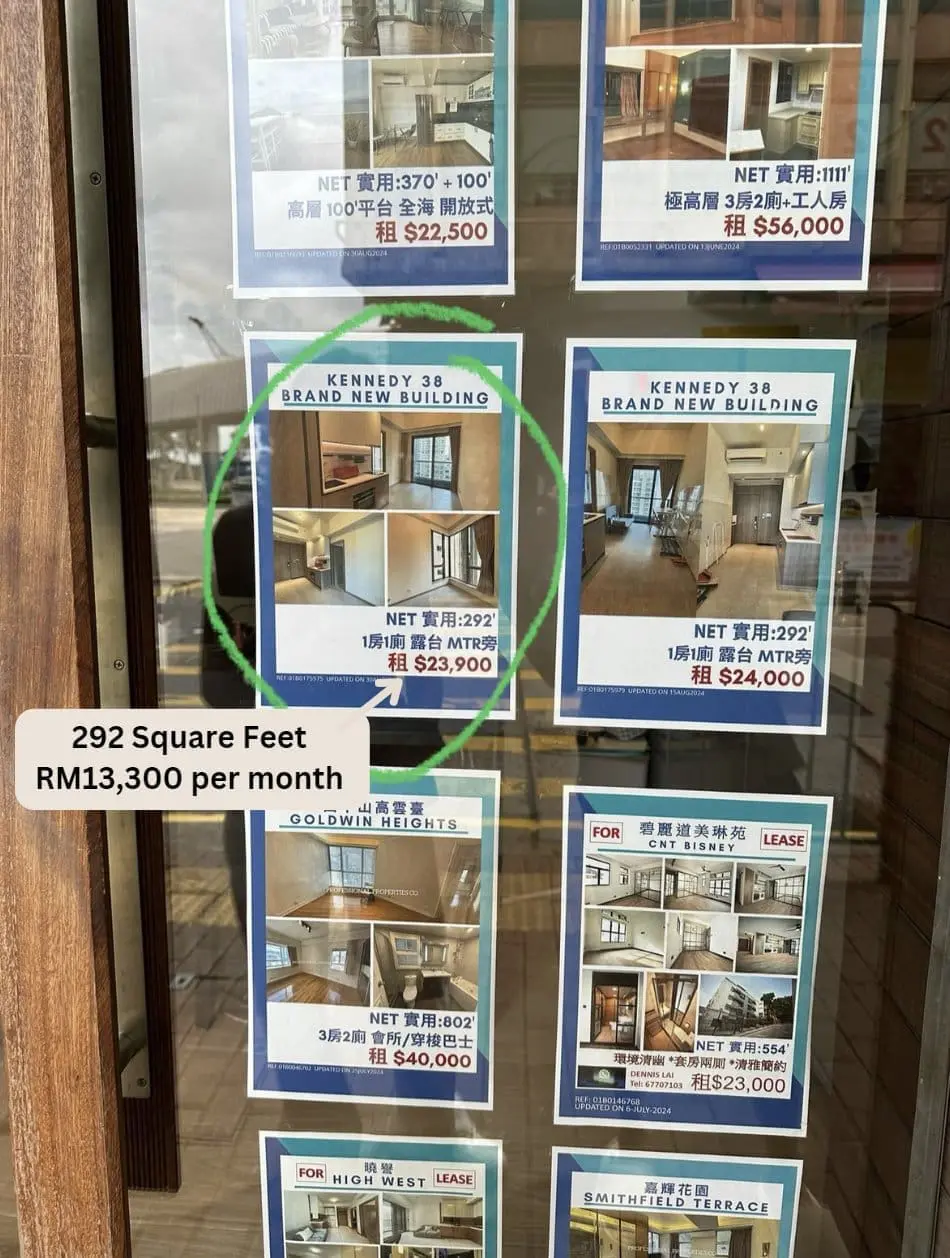 In Hong Kong, on average, tiny apartments (<400 sq ft) that are not at the city centre cost HK$20,000-30,000 per month to rent.