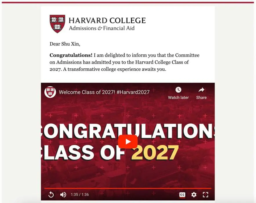 Ho Shu Xin Acceptance letter Harvard