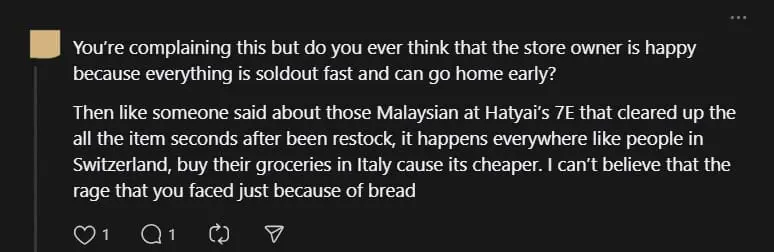 M'sian Woman Accuses S'porerans Of Hoarding Bread In JB, Gets Bashed By Netizens In Turn comment 1