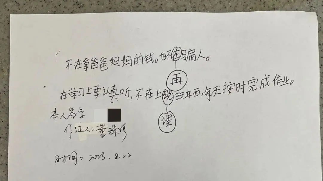 The promise letter written by Zhang at the police station.
