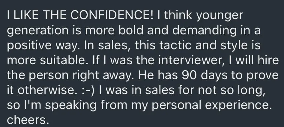 'If I Make RM90K, Will You Pay Me RM9K?', Says Job Seeker When Asked Whether RM3K Salary Can Earn RM30K - linkedin reshared comment