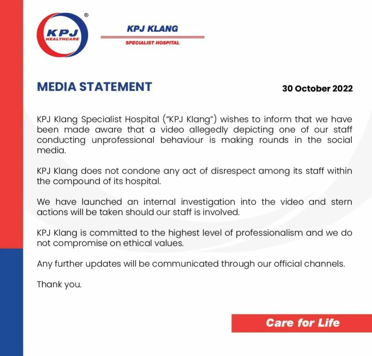 Statement by KPJ Klang