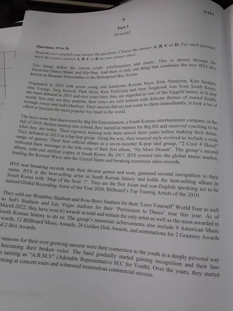 M'sian 2022 English SPM Trial Paper Contains Questions About K-pop Group BTS