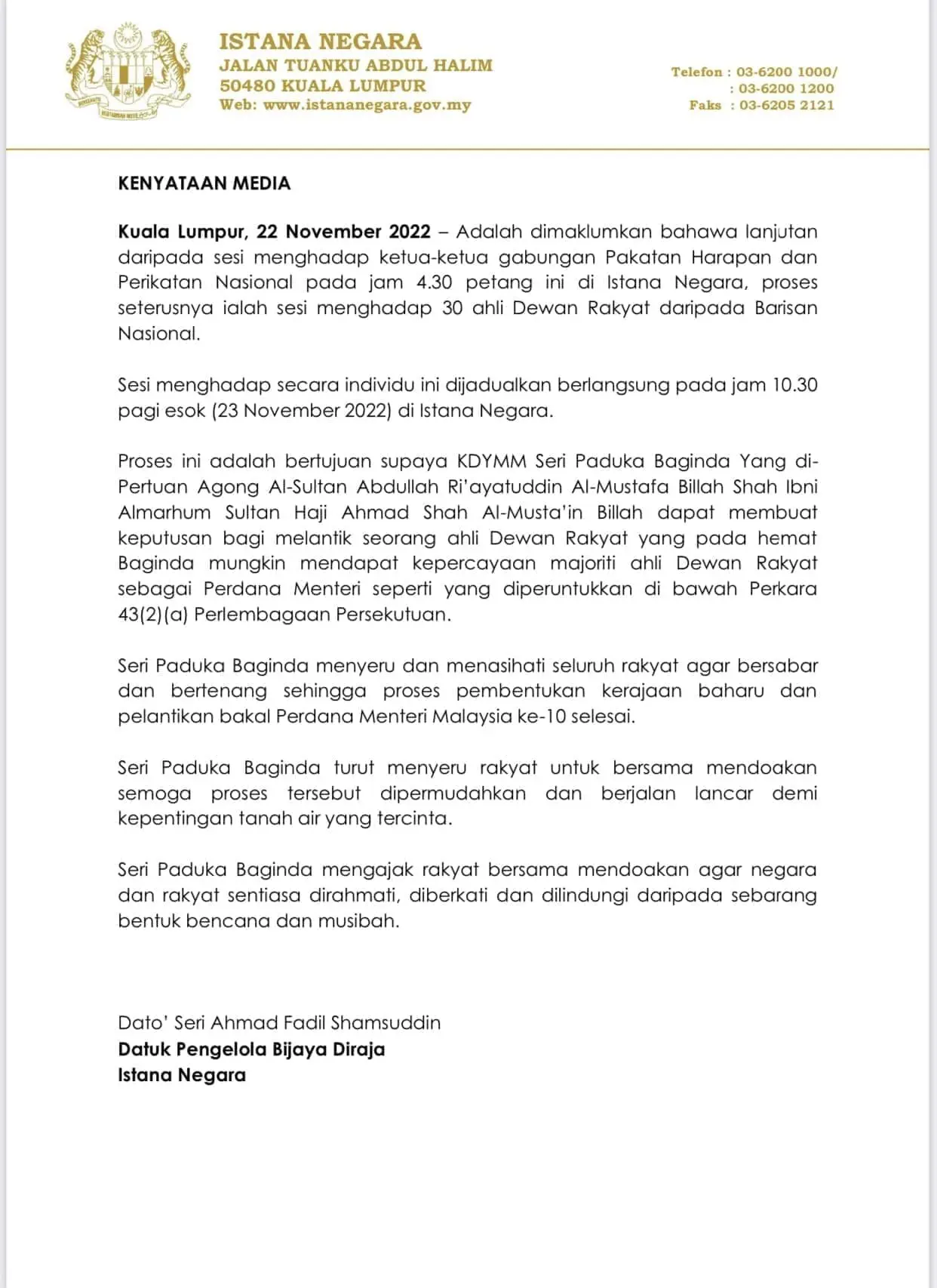 Official statement from the Agong
