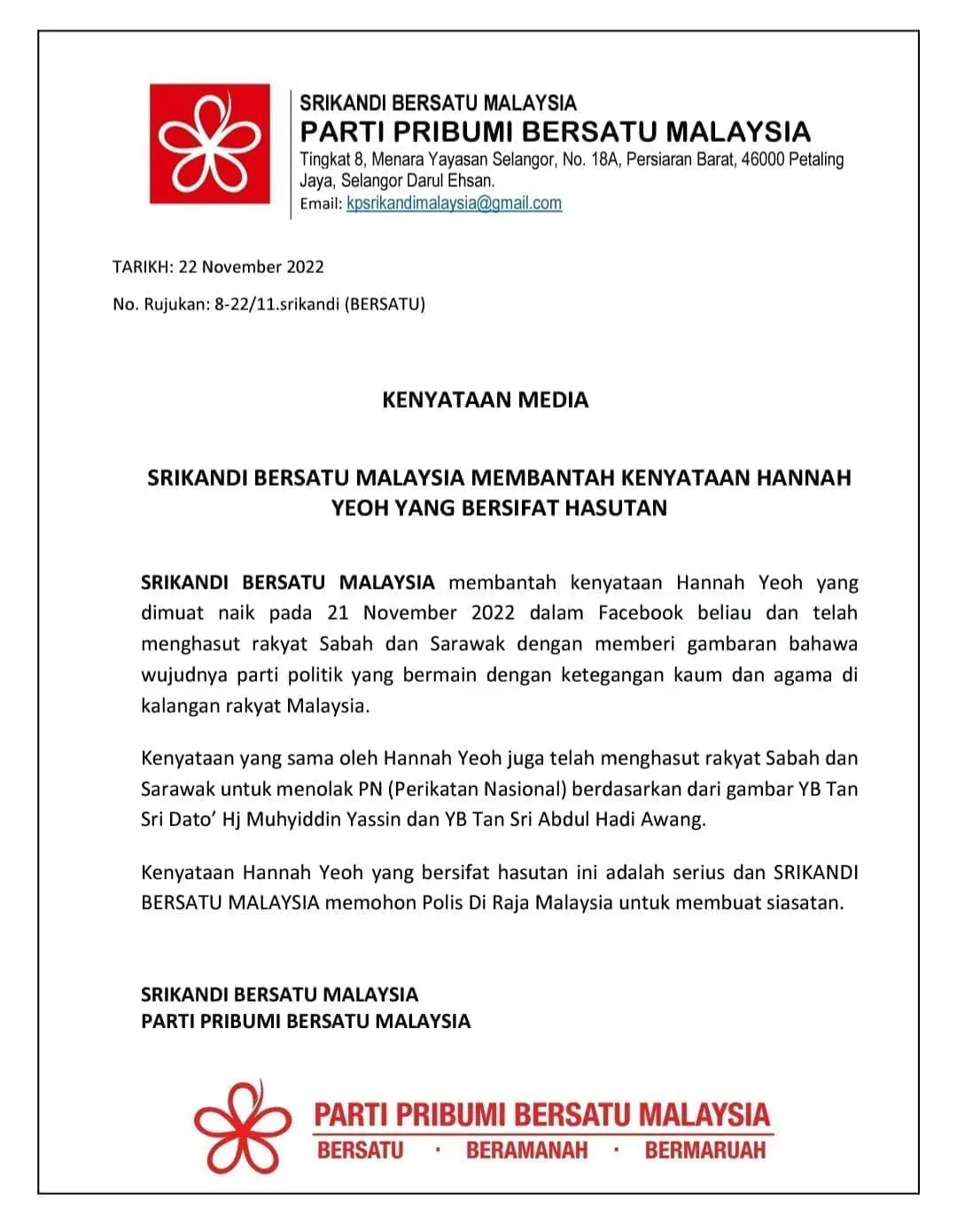Bersatu Women's Wing Urges Police To Take Action Against Hannah Yeoh Over FB Post For Sabah Sarawak