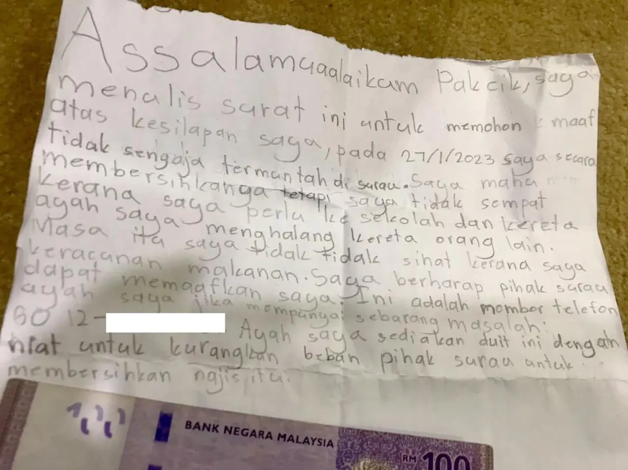 M'sian kid's apology note to Surau Putra Al-Amin
