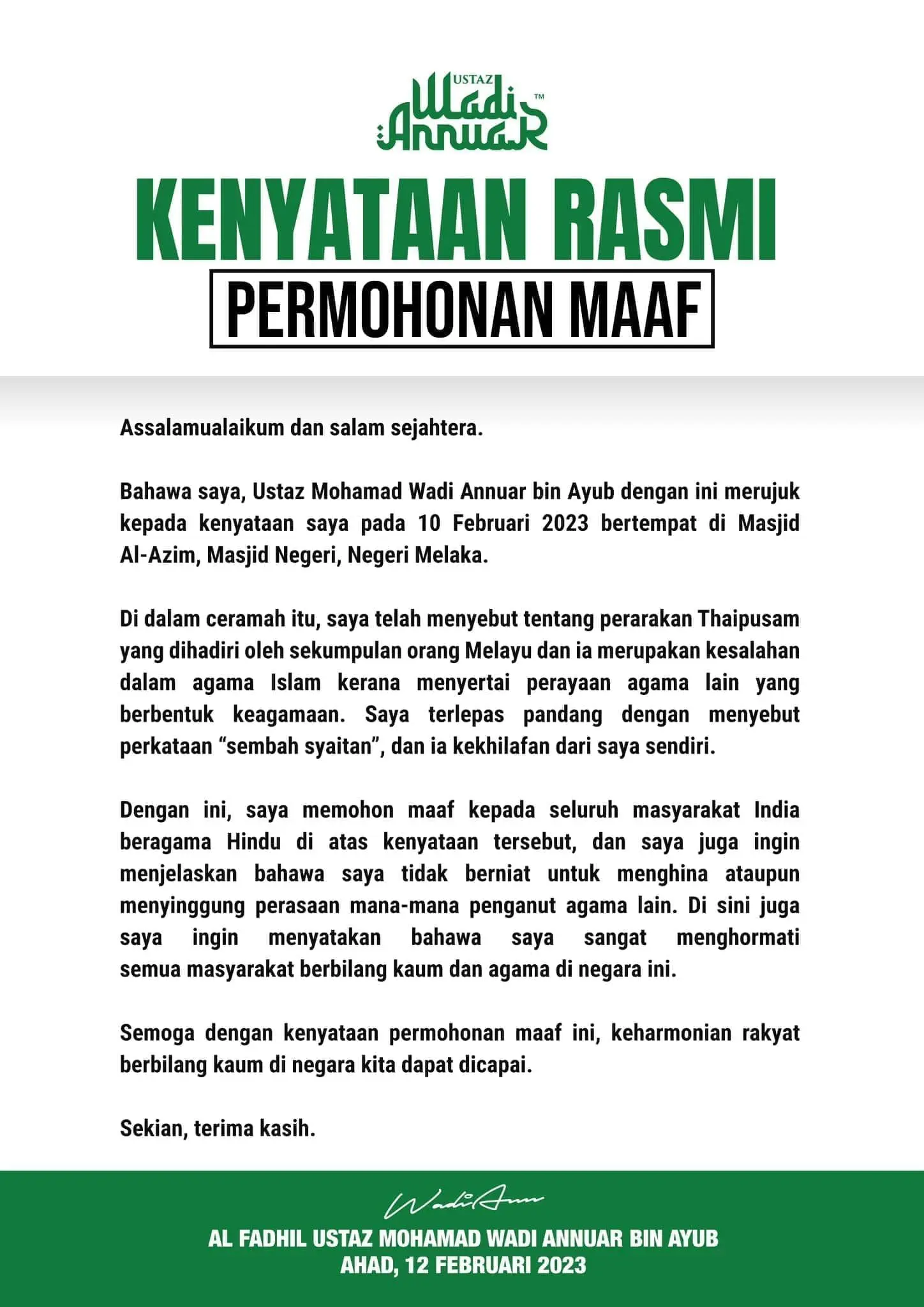 Ustaz Wadi Annuar's apology on Facebook