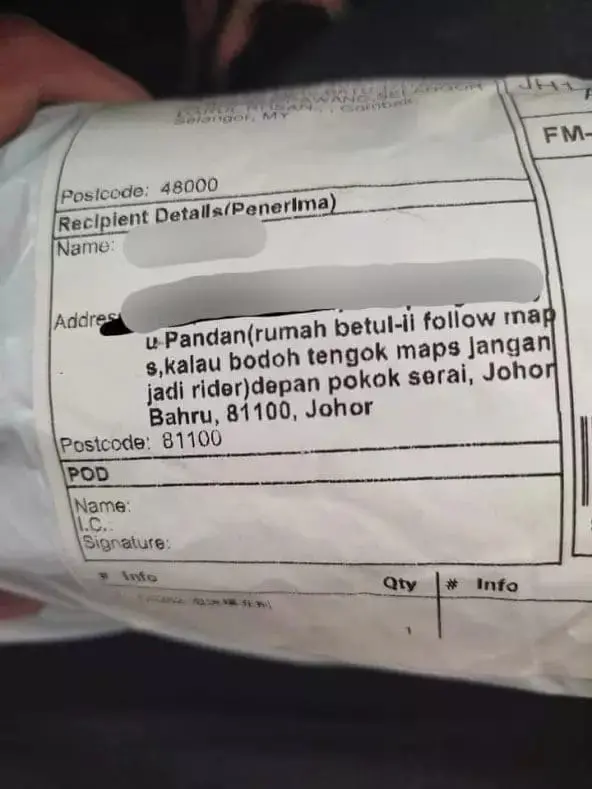 "If You're Dumb, Don't Be A Rider!" — M'sian Woman Enrages Netizens With Rude Message On Parcel