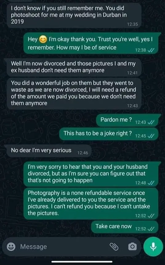 Divorced Woman Demands Refund From Photographer For Photos He Took On Her Wedding 4 Years Ago