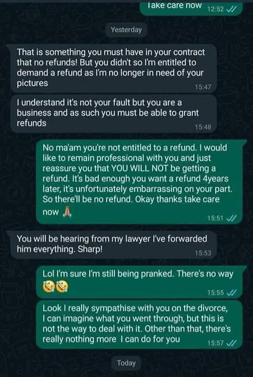 Divorced Woman Demands Refund From Photographer For Photos He Took On Her Wedding 4 Years Ago