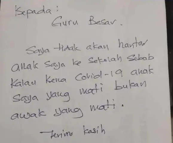 "It's my child in danger, not you!" worried parent writes to school upon school reopening.