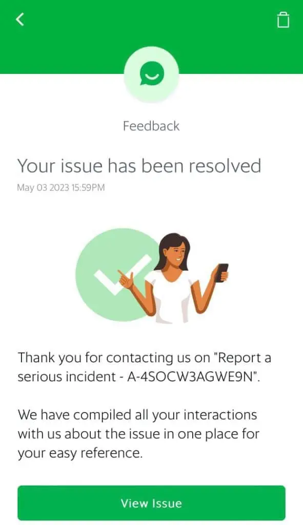 Grab shows that the issue has been resolved, though it wasn't