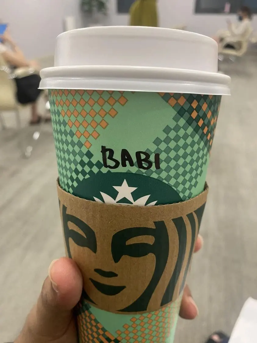 'Babi' written on a starbucks cup due to being spelled wrong