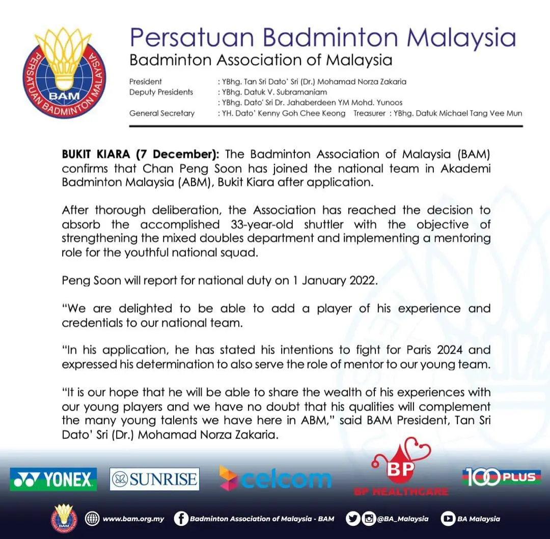 Announcement of Peng Soon's return by BAM