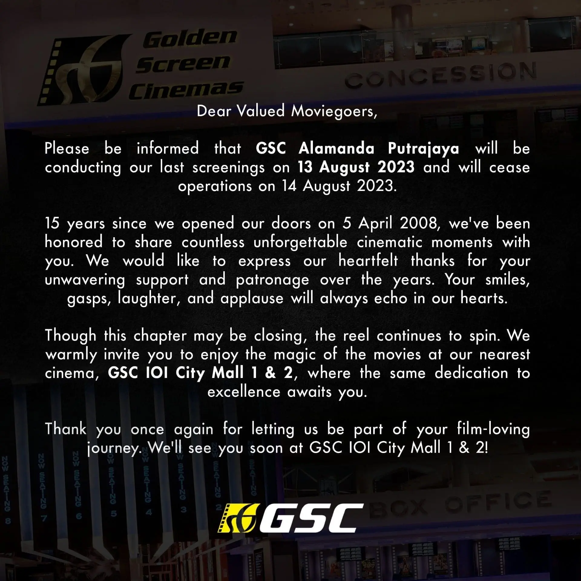 GSC Alamanda Putrajaya To Close On Aug 14, Will Hold Final Screening A Day Before