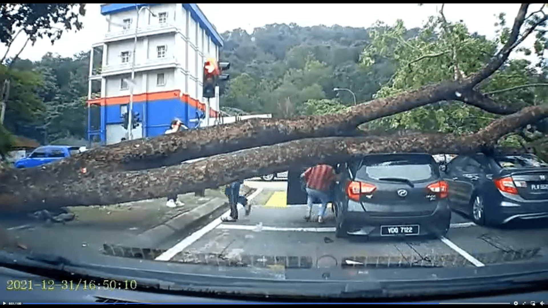 Huge tree crashes down on two cars waiting at a traffic light in Wangsa Maju
