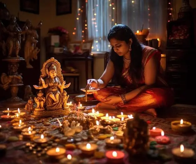 A picture of an indian lady conducting her prayers to Lord Ganapathi