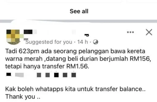 screenshot of durian seller paid only RM1.56