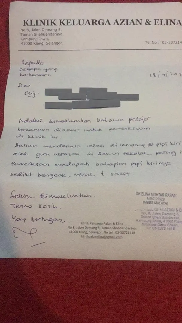 Klinik Keluarga Asian & Elina's report on 7 years old Malaysian student who got slapped by teacher 