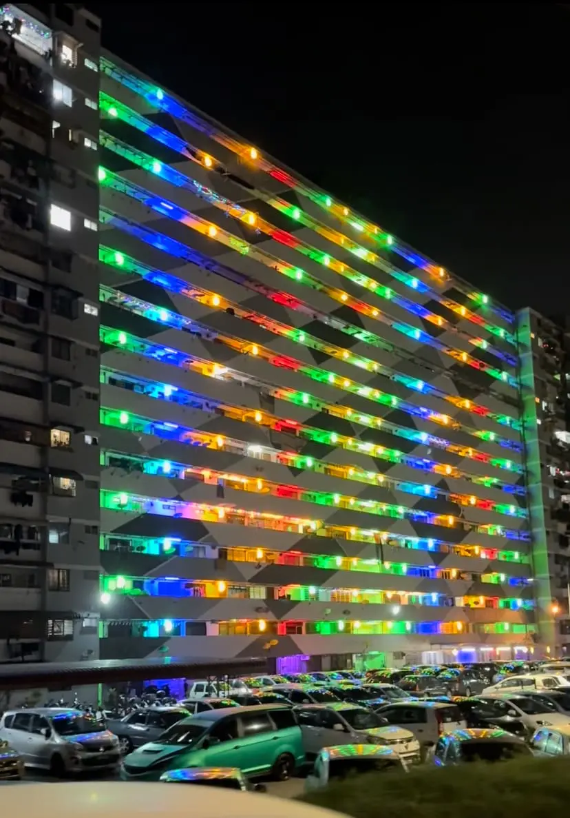 Flat Kampung Melayu Penang decorated with raya festive lights