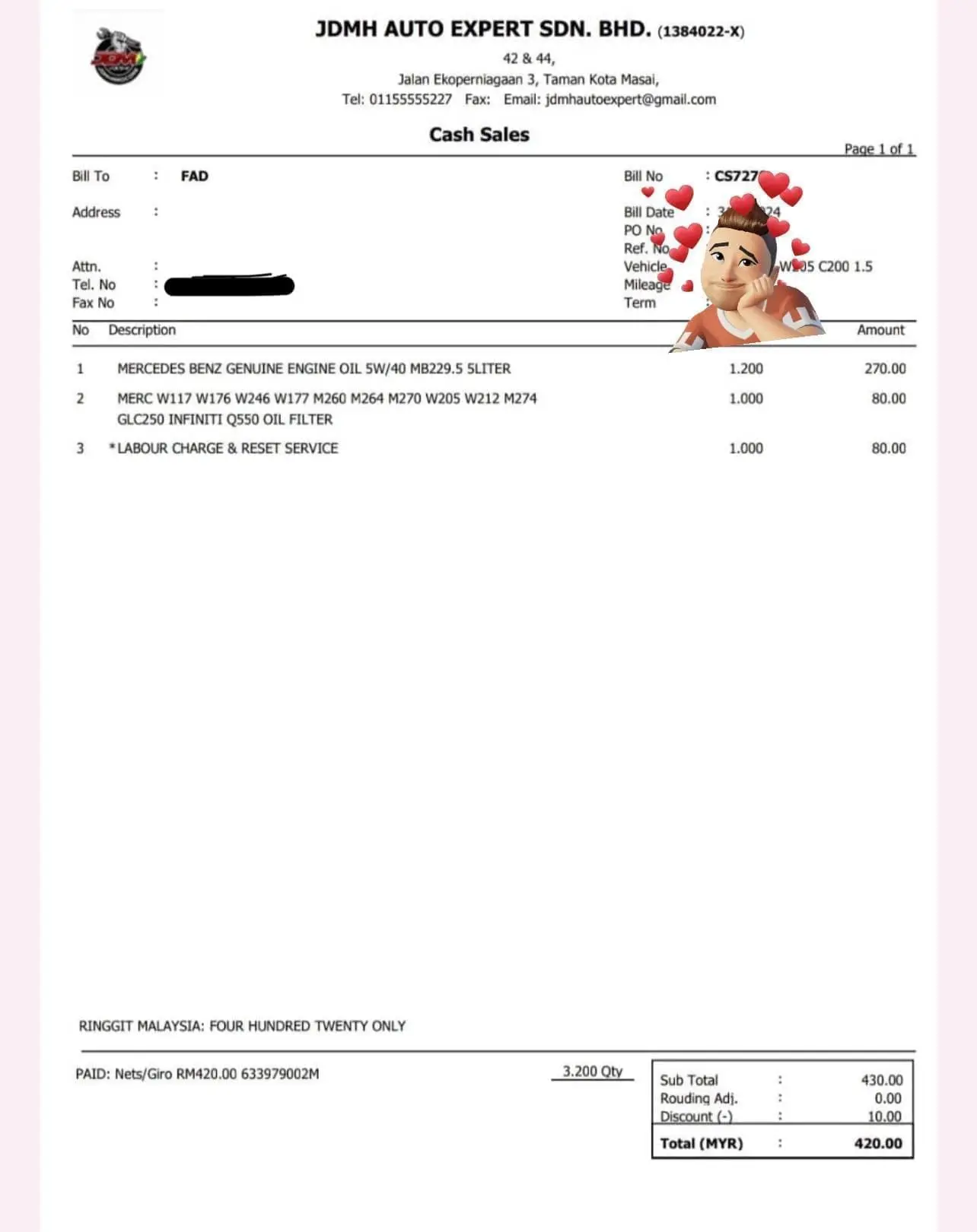 JDMH Autoservice in Masai customer receipt