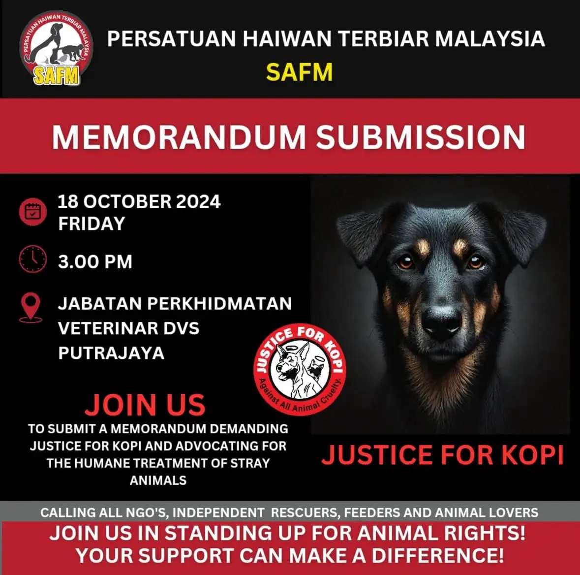 PERSATUAN HAIWAN TERBIAR MALAYSIA (SAFM) statement on kopi's death