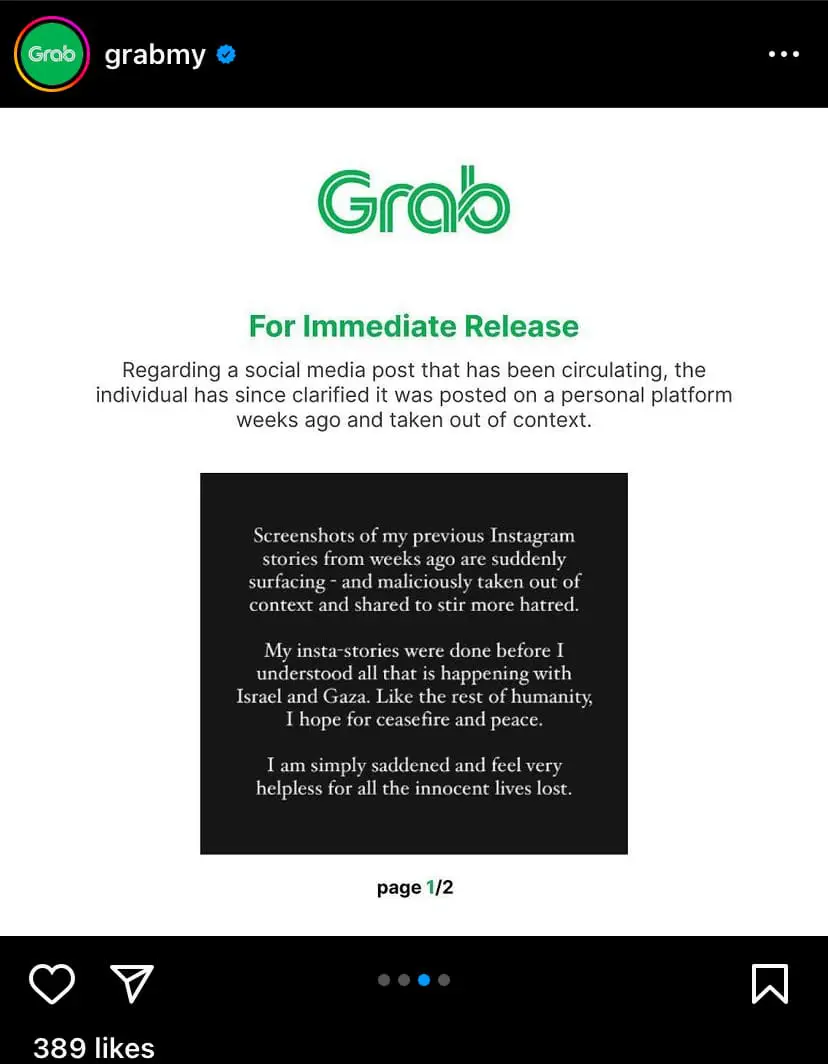 Grab statement regarding Israel