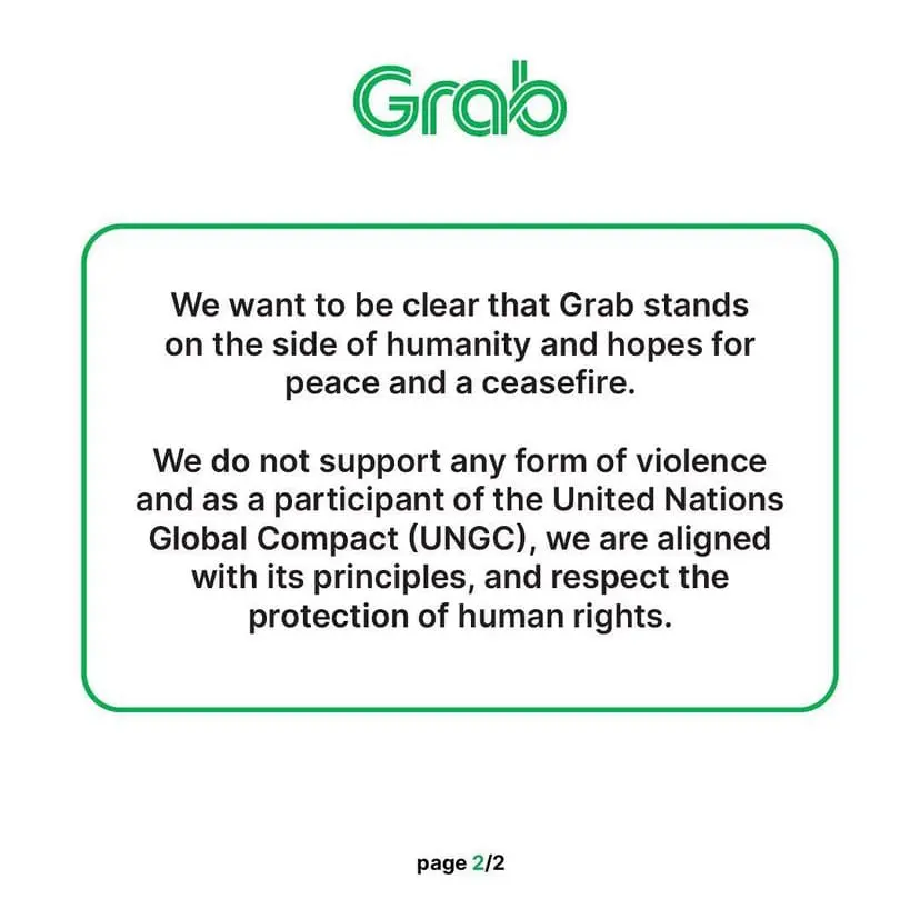 Grab statement regarding Israel
