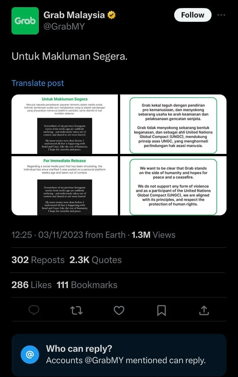 Grab Malaysia on Twitter for Israel issue