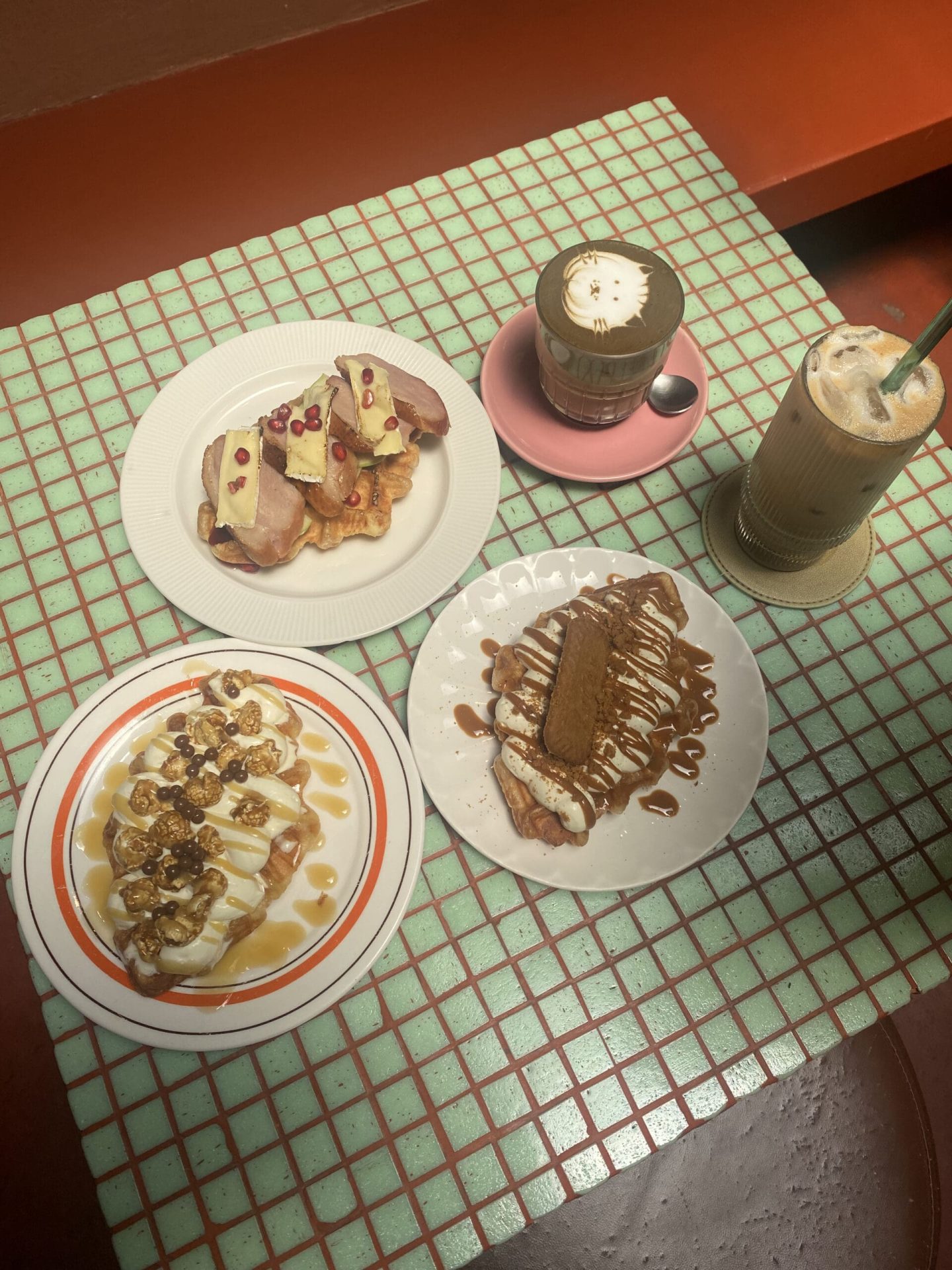 Poppy Kat Cafe foods and drinks; Biscoff Croffle, Butterscotch Popcorn Croffle, Smokes Duck with Brie, Chai Latte and Hojicha Latte