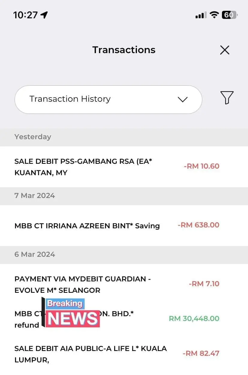 Screenshot of receipt RM30k mistakenly transferred into someone's bank account