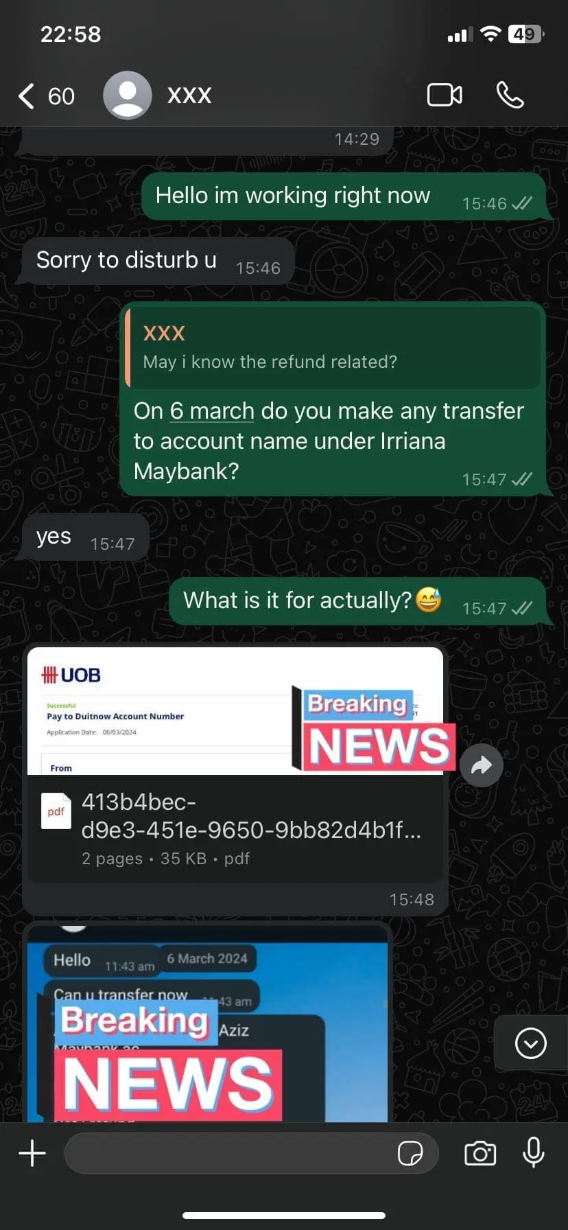 screenshot of the exchange within owner of RM30k and the recipient