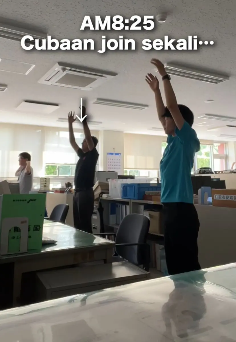 Radio Taiso exercise routine at a Japan office