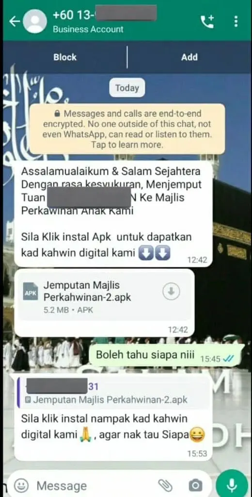 A screeshot of scammer sending text with APK link