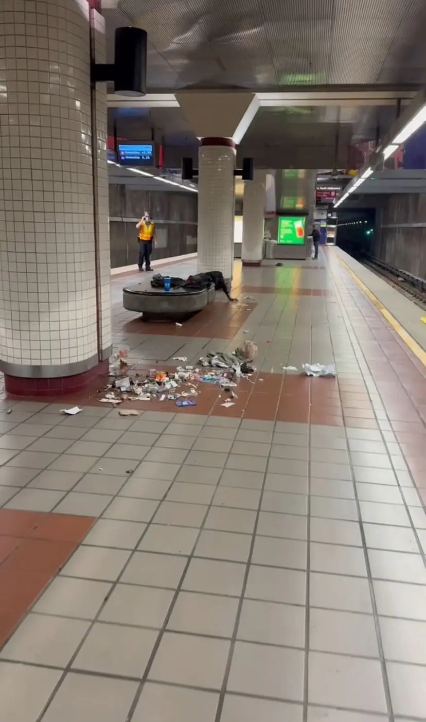 Rubbish scattered on the floor of LA Metro Station
