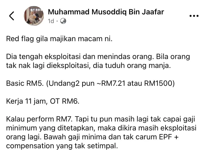 screenshot of the founder accused for paying RM5 per hour for her workers