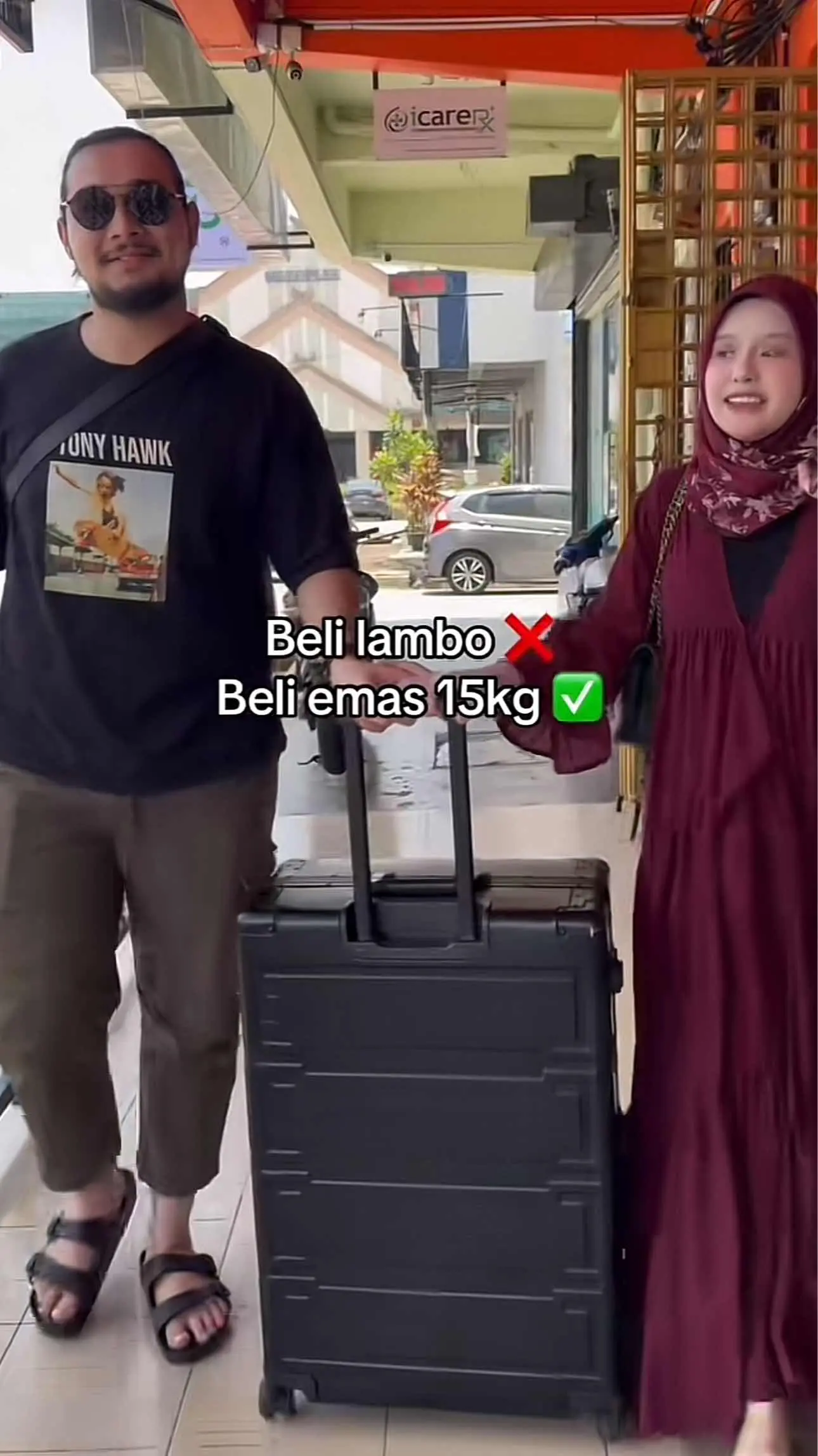 Influencer walking with a luggage stacked with cash