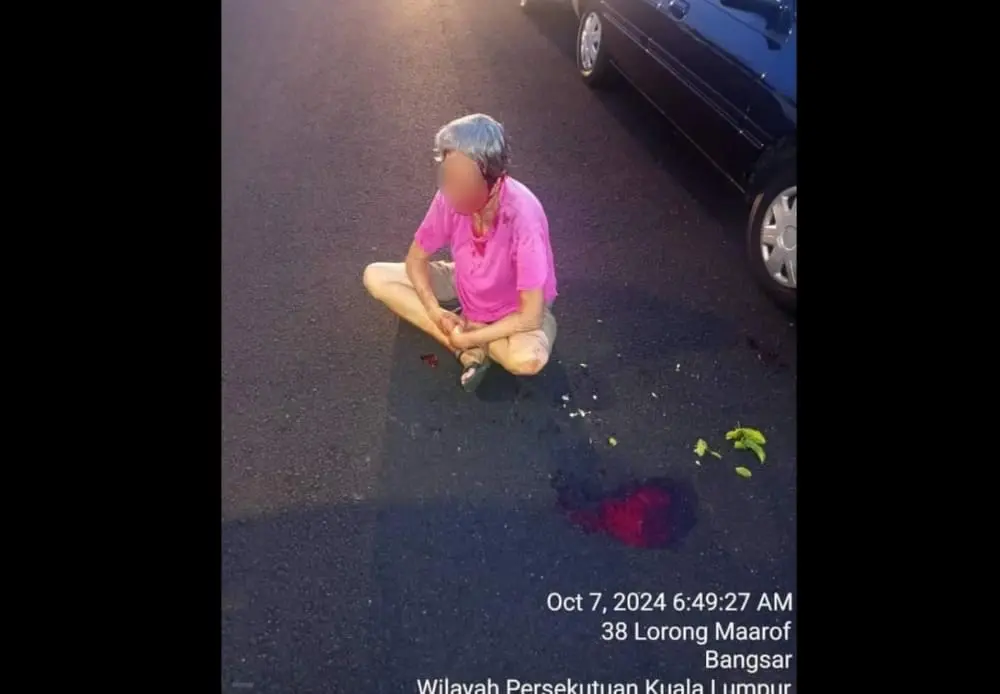 injured elderly woman sitting on the road