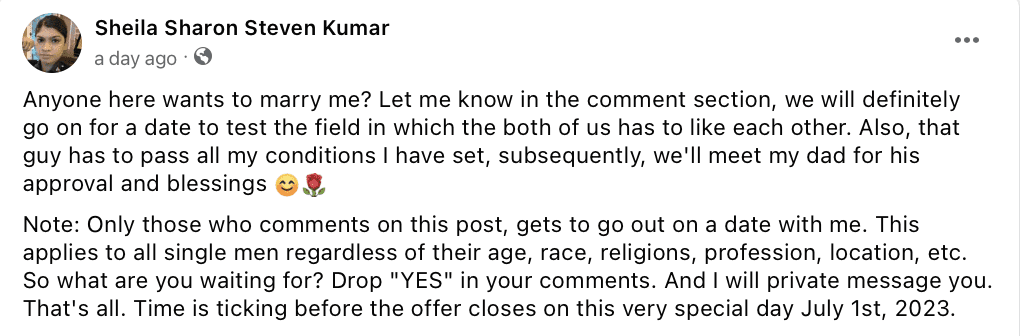 Inspector Sheila facebook post looking for life partner