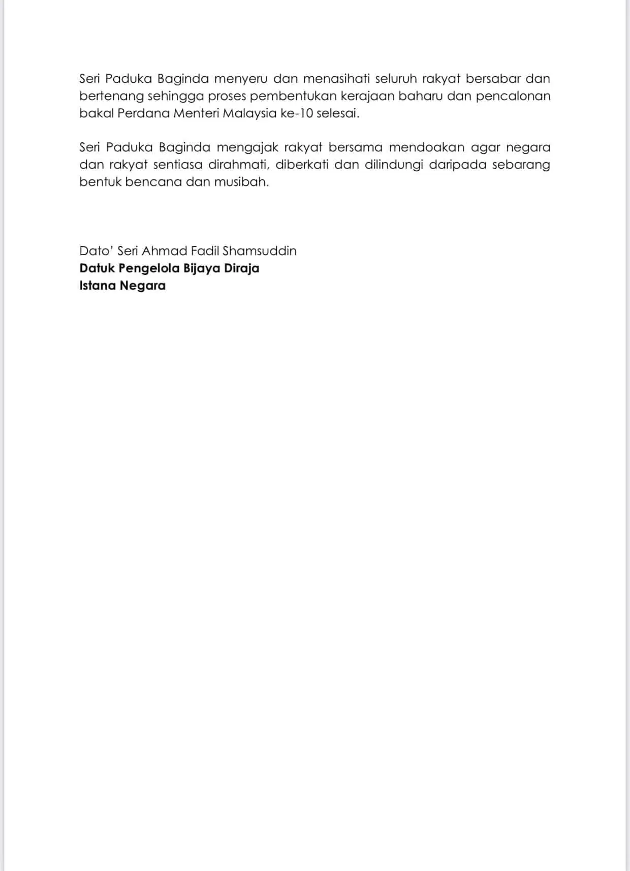 Istana Negara statement
