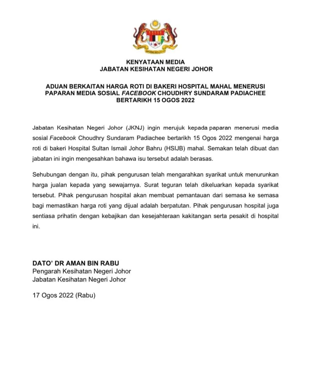 RM5 Sausage Bun? Johor Health Department Reprimands Hospital Bakery For Overpricing