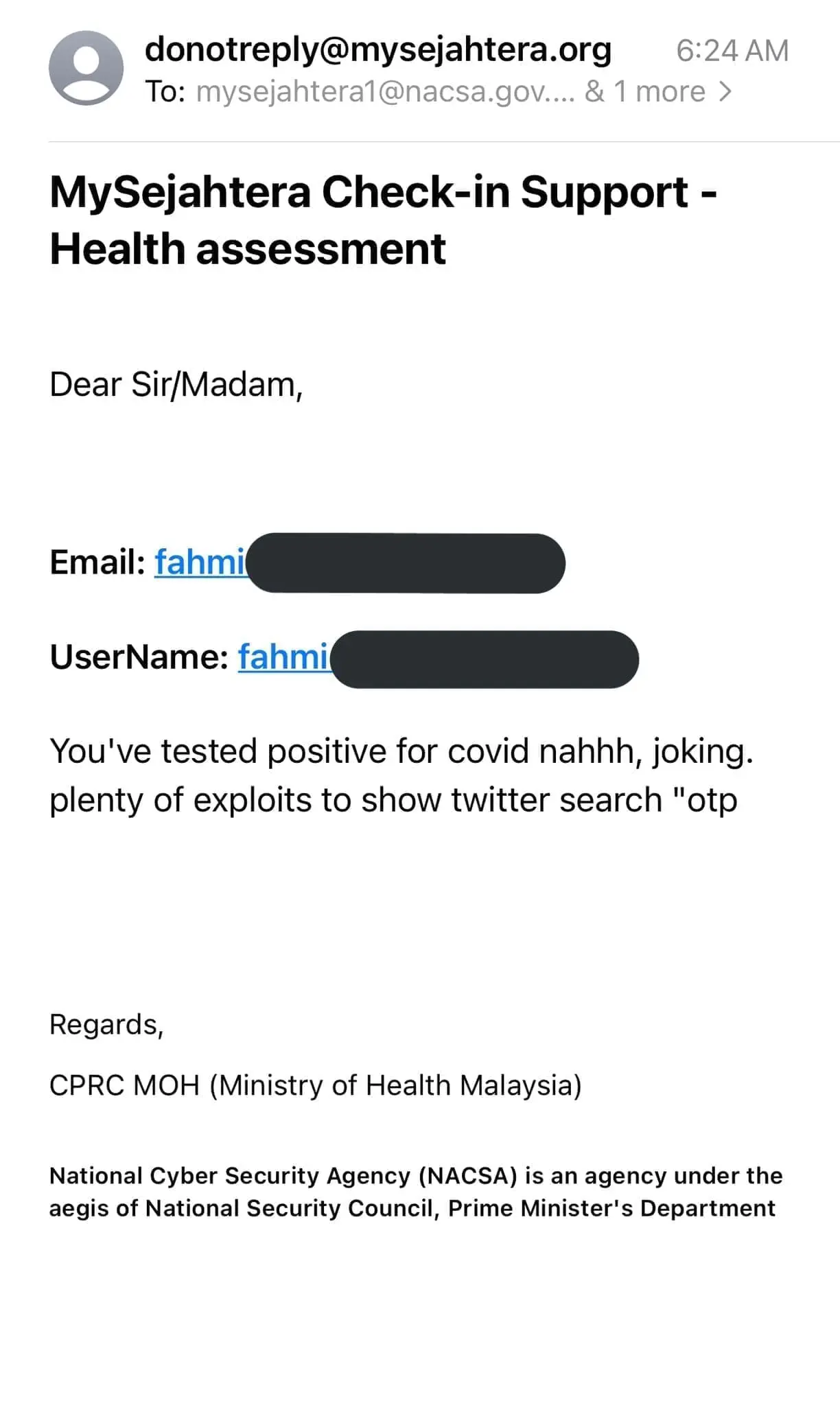 Users receiving spam emails from MySejahtera helpdesk