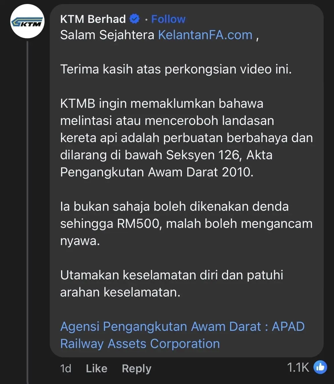 KTMB response to train crossing